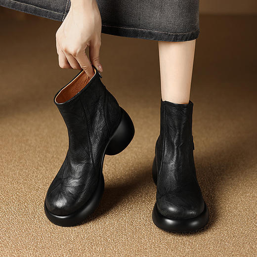 【预售5天】圆头后拉链时装靴头层牛皮厚底马丁靴简约时尚百搭粗跟高跟短靴&379-11 商品图1