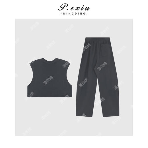 04-3潘依绣丁丁宠粉100%棉格雷系塌肩袖背心长裤套装 M0724 商品图2