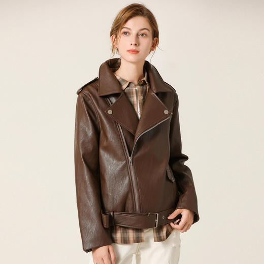 Famecoco范可儿春秋季时尚立领宽松短款PU皮衣外套F201AG103 商品图1