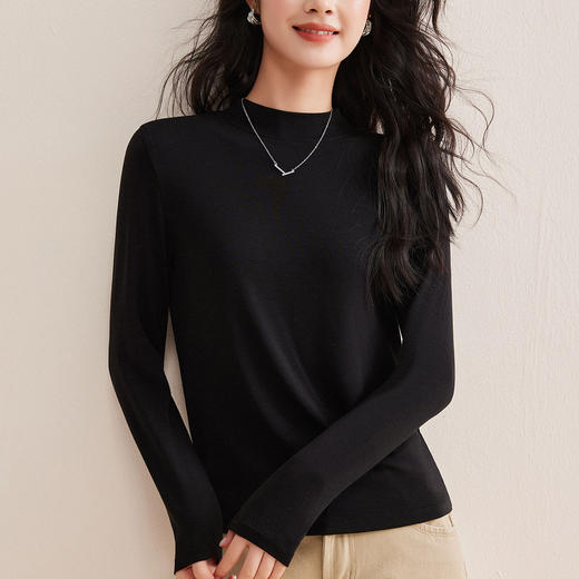 丁摩 天丝羊毛面膜T女春秋薄款白色内搭打底衫长袖T恤立领正肩上衣5ZF-M940 商品图2