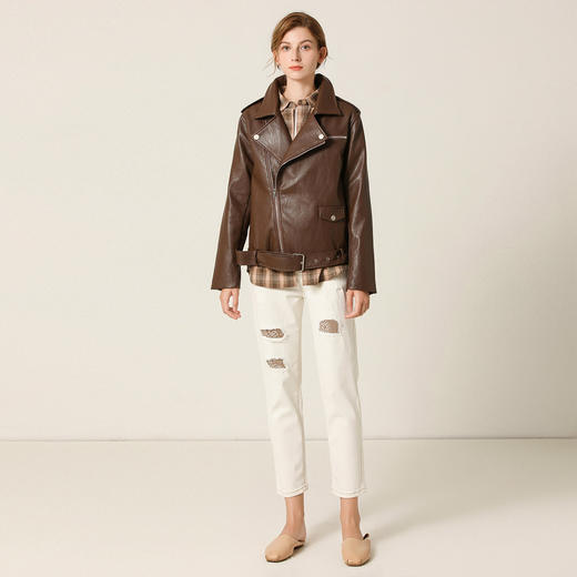 Famecoco范可儿春秋季时尚立领宽松短款PU皮衣外套F201AG103 商品图5