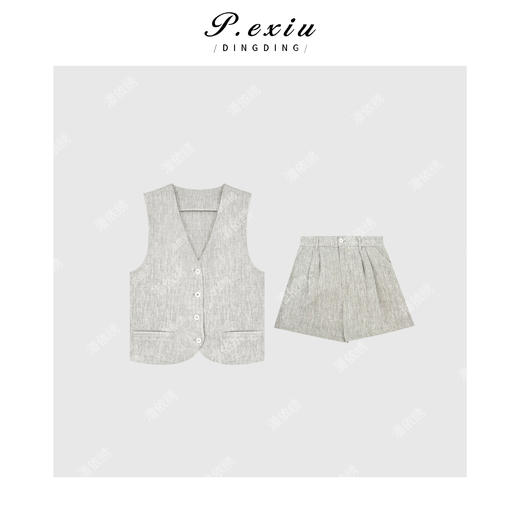 04-3潘依绣丁丁宠粉亚麻简约通勤V领马甲休闲短裤套装 Q0701 商品图0