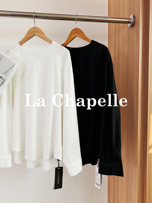 专柜实拍【新中式格调】拉夏贝尔/La Chapelle纯棉亲肤透气~圆领拼接提花长袖T恤 商品图4