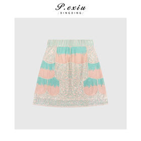 04-1潘依绣丁丁宠粉亮色系拼接撞色亮片松紧腰半身裙Q69440