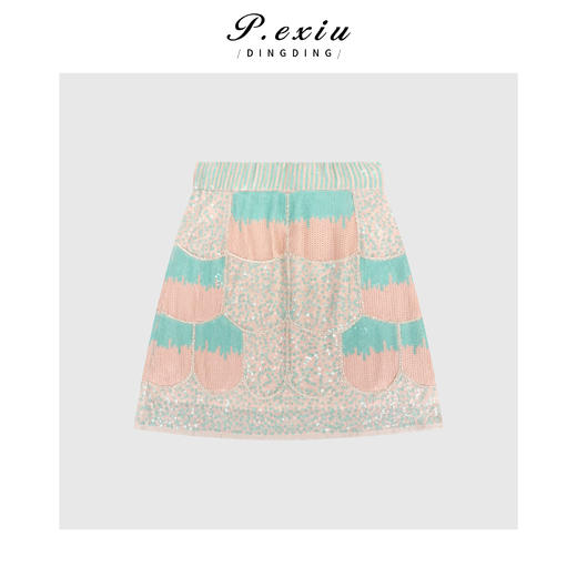 04-1潘依绣丁丁宠粉亮色系拼接撞色亮片松紧腰半身裙Q69440 商品图0