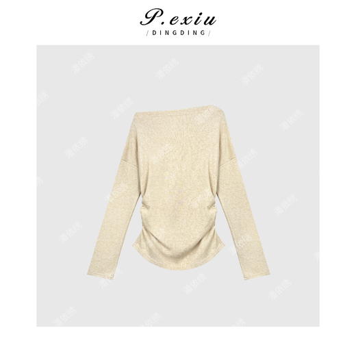 04-1潘依绣丁丁宠粉设计感肩膀扣一字领两边抽绳打底T恤 Q56040 商品图1