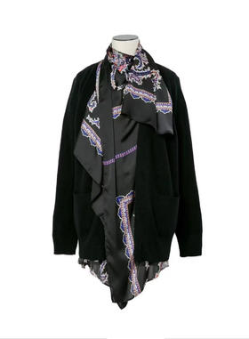 女款V领丝巾拼接针织开衫毛衣he