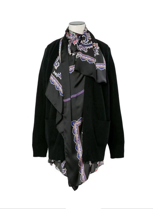 女款V领丝巾拼接针织开衫毛衣he 商品图0