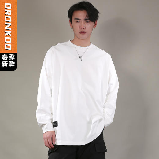 DRONKOO 2026 圆领左下侧唛后字母印花弧摆阔长袖中厚T恤 商品图0