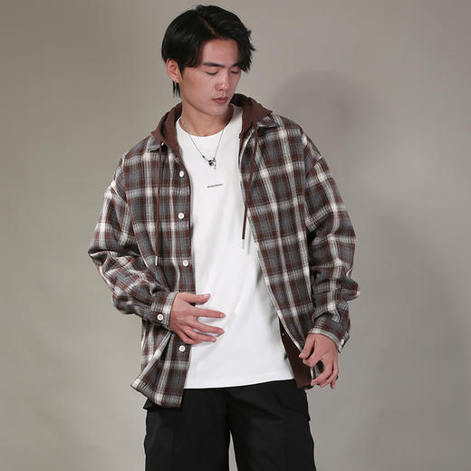 DRONKOO 2026 针织连帽拼接假两件撞色格纹中厚衬衣外套 商品图2