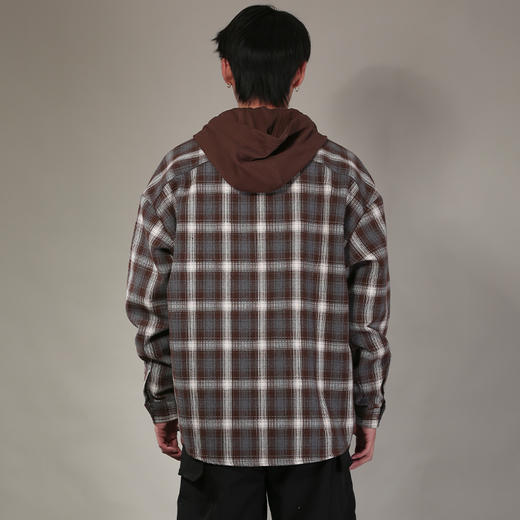 DRONKOO 2026 针织连帽拼接假两件撞色格纹中厚衬衣外套 商品图4