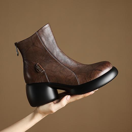 【预售5天】圆头后拉链时装靴头层牛皮厚底马丁靴简约时尚百搭粗跟高跟短靴&379-11 商品图3