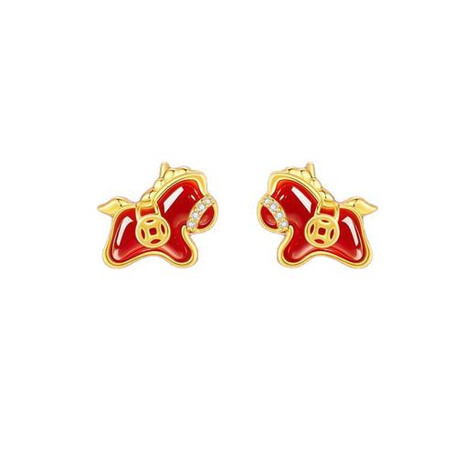 六鑫珠宝 马上有钱S925银红运玛瑙钱马耳钉 轻奢国潮本命年马年礼物 商品图4