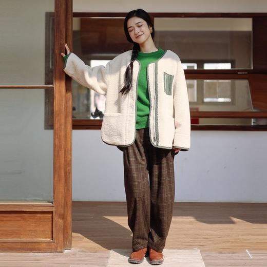 绽放981朵/杏仁色宽松复古文艺无领灯芯绒撞色包边拼接外套 商品图2