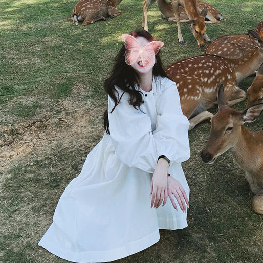 【法式茶歇长袖连衣裙】春季新款气质显瘦 白色A字裙收腰长裙子  商品图2