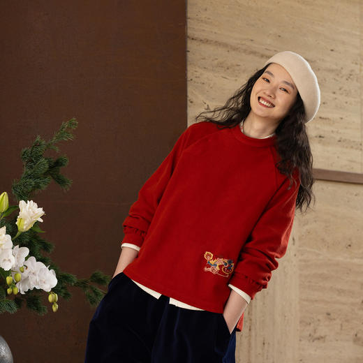 牧衣游原创 32支手工刺绣棉质卫衣春季新款宽松百搭文艺上衣 听溪 商品图0