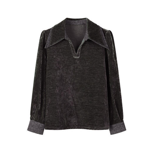 雀说复古金丝绒翻领长袖衬衣女早春新款气质通勤高级感显瘦衬衫ALW2577 商品图4