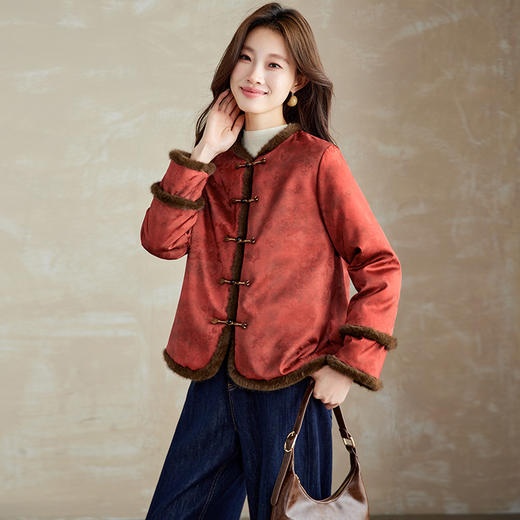 百媚生 提花夹棉拼接貂毛保暖加厚棉服国风时尚百搭小棉袄66095 商品图3