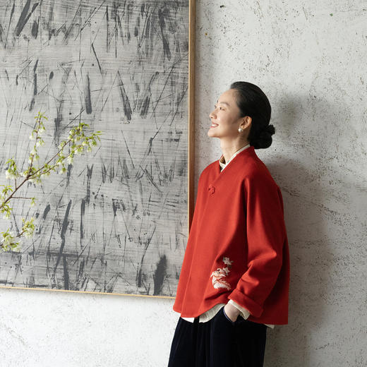 牧衣游原创 手工刺绣毛呢外套喜庆红色年服复古新中式开衫 承愿 商品图0