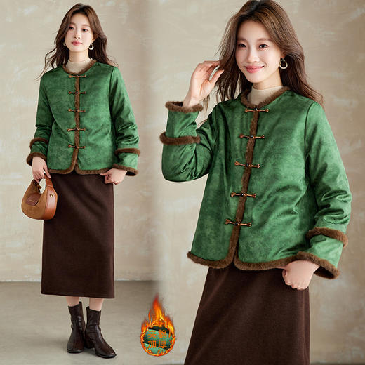百媚生 提花夹棉拼接貂毛保暖加厚棉服国风时尚百搭小棉袄66095 商品图1