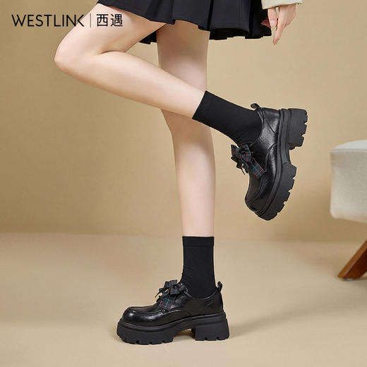 西遇JK小皮鞋女2026春季新款粗跟厚底乐福鞋小个子增高英伦风单鞋K0166228 商品图3