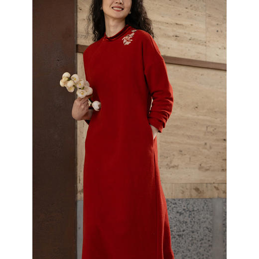 牧衣游原创 貔貅手工刺绣纯棉连衣裙宽松红色中式改良旗袍 涟一 商品图2