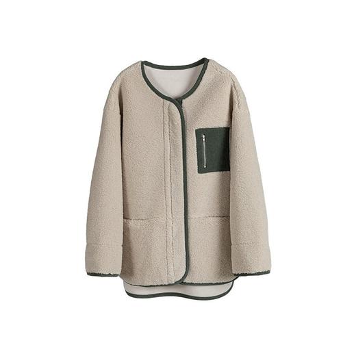 绽放981朵/杏仁色宽松复古文艺无领灯芯绒撞色包边拼接外套 商品图4