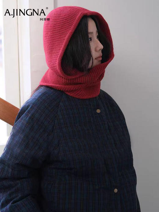 【羊毛针织】阿菁娜冬季新款氛围感羊毛针织连帽围巾一体帽可系可垂灵动飘带一键解锁层次穿搭F30D327001 商品图1