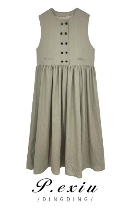 04-1潘依绣丁丁宠粉新款复古双排扣圆领无袖连衣裙 W-61096 商品图0