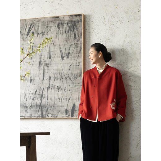 牧衣游原创 手工刺绣毛呢外套喜庆红色年服复古新中式开衫 承愿 商品图3