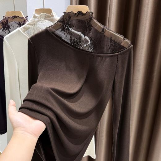 百媚生 蕾丝拼接百搭半高领打底衫女修身内搭 商品图4