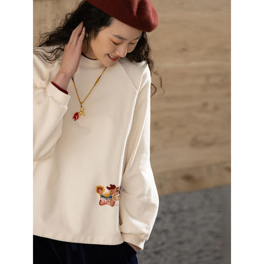 牧衣游原创 32支手工刺绣棉质卫衣春季新款宽松百搭文艺上衣 听溪 商品图3