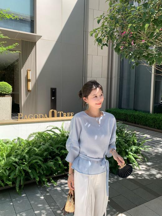 【冰蓝珠光】醋酸亚麻设计款显瘦收腰七分袖宽松百搭休闲上衣 商品图0