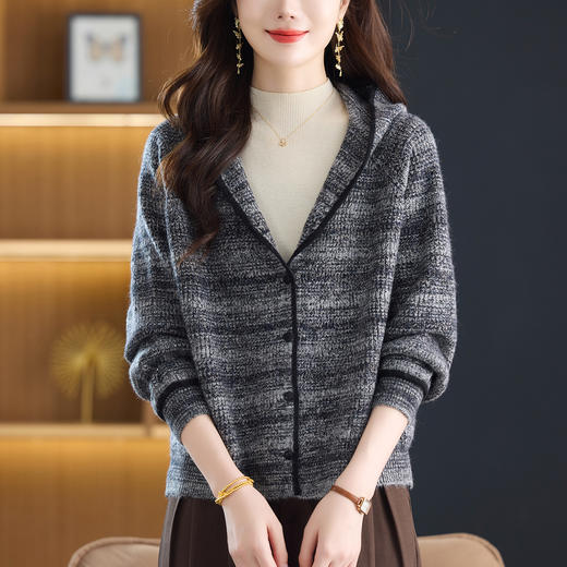 丁摩 休闲连帽针织开衫女外搭宽松上衣6638 商品图1