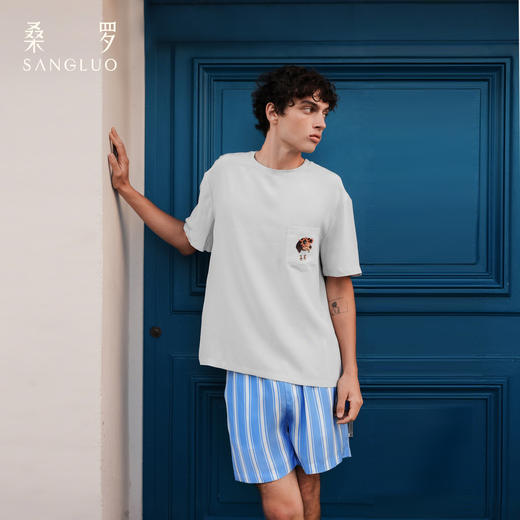 查理小狗』桑罗休闲睡衣套装桑蚕丝男士短袖家居服可外穿 商品图2