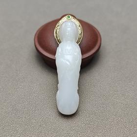 精品！新疆和田玉且末料羊脂玉包金观音 126-2