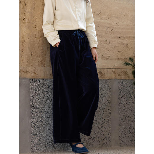 牧衣游原创 32支纯棉休闲长裤新款宽松复古文艺百搭阔腿裤 沃蓝 商品图1