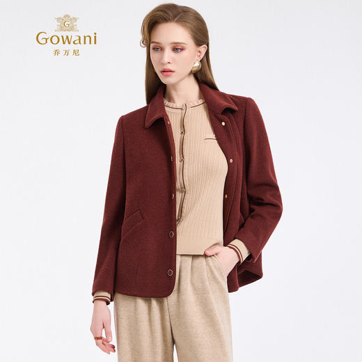 乔万尼新品驼绒羊毛混纺高级感烟熏红翻领短款羊毛大衣ED4B752 商品图2