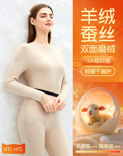 【M-XXL】【双面磨绒+羊毛蚕丝】【猫人】女士冬款保暖内衣套装 商品图0