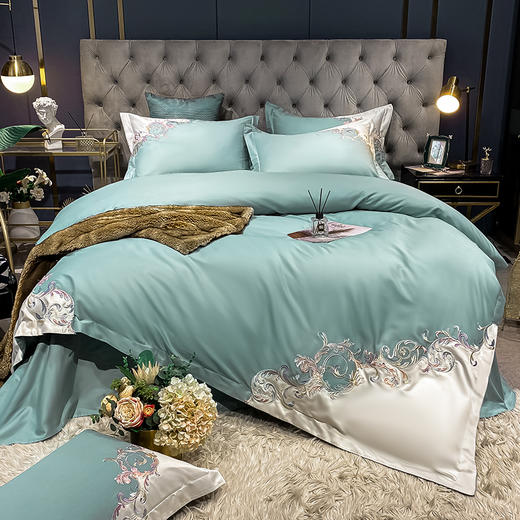 轻奢刺绣四件套【悠梦嘉居轻奢刺绣四件套双拼角交叉刺绣高档工艺100%高支高密全棉轻奢享受高档礼盒装，安娜-绿/粉/蓝】 商品图7