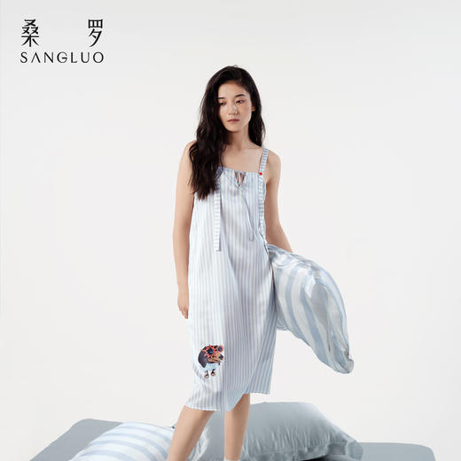 查理小狗』桑罗条纹印花睡裙桑蚕丝女直筒裙可外穿家居服 商品图0