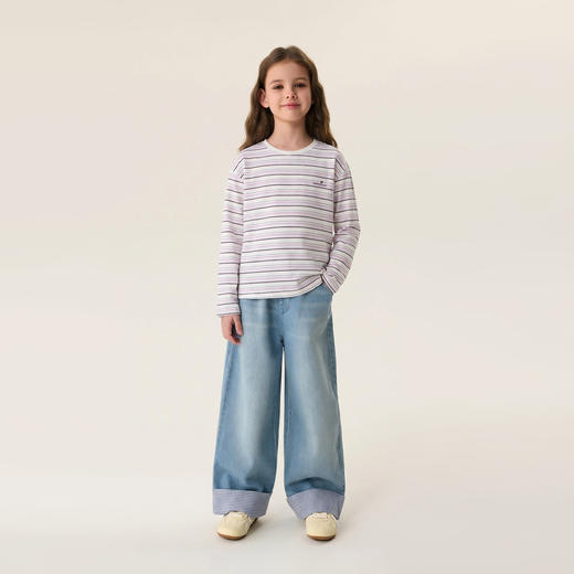 马克珍妮美式条纹女童亲肤纯棉T恤2026年春装新款560182 商品图1