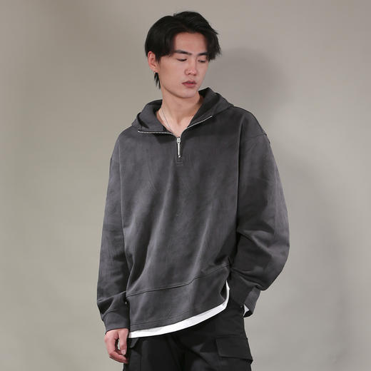 DRONKOO 2026 连帽半拉链下摆拼T恤笔触印花微阔中厚卫衣 商品图2