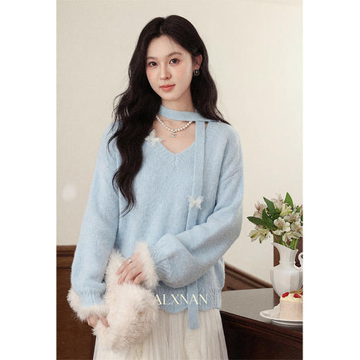 鹿向南「眷恋海风」慵懒风设计感蓝色毛衣女秋韩系飘带针织衫上衣 商品图1