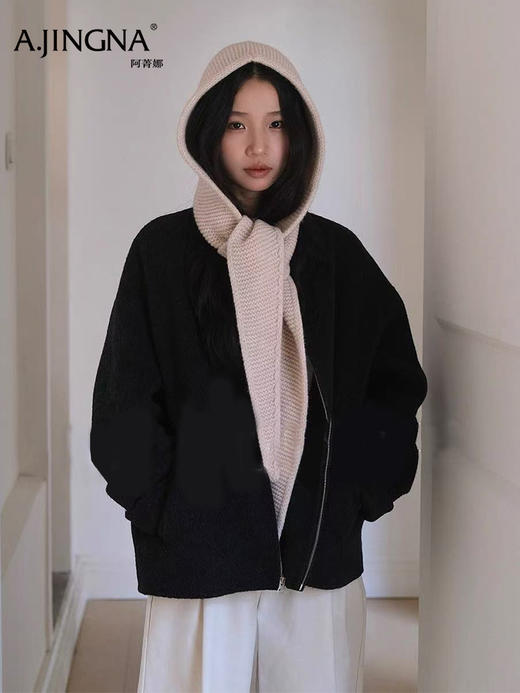 【羊毛针织】阿菁娜冬季新款氛围感羊毛针织连帽围巾一体帽可系可垂灵动飘带一键解锁层次穿搭F30D327001 商品图2