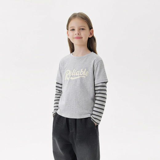 马克珍妮美式休闲女童假两件条纹T恤2026年春装新款560188 商品图2