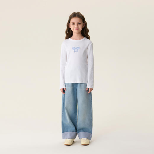 马克珍妮清甜蝴蝶结女童软弹针织T恤2026年春装新款560183 商品图1