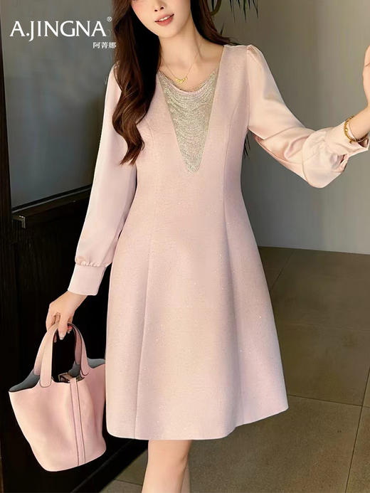 【浪漫轻奢】阿菁娜春季新款设计感钻链连衣裙V领修饰脸型拼接泡泡袖浪漫轻奢F31C212005 商品图0