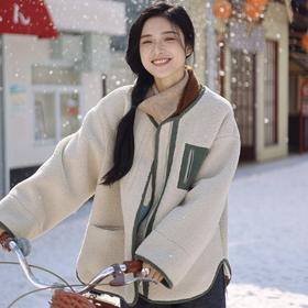 绽放981朵/杏仁色宽松复古文艺无领灯芯绒撞色包边拼接外套