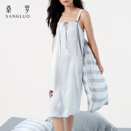 查理小狗』桑罗条纹印花睡裙桑蚕丝女直筒裙可外穿家居服 商品图3